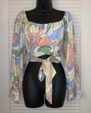 Milk & Honey Retro Croo Top Wrap Abstract Print Long Sleeve